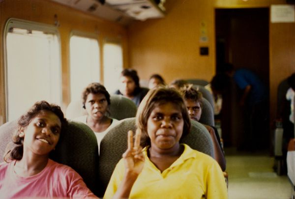School group, photographed on a train, Melbourne (Vic.) excusion
